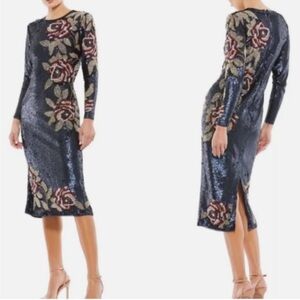 NWT Mac Duggal Sz 0 Sequin Navy Floral Sheath Dress 93624